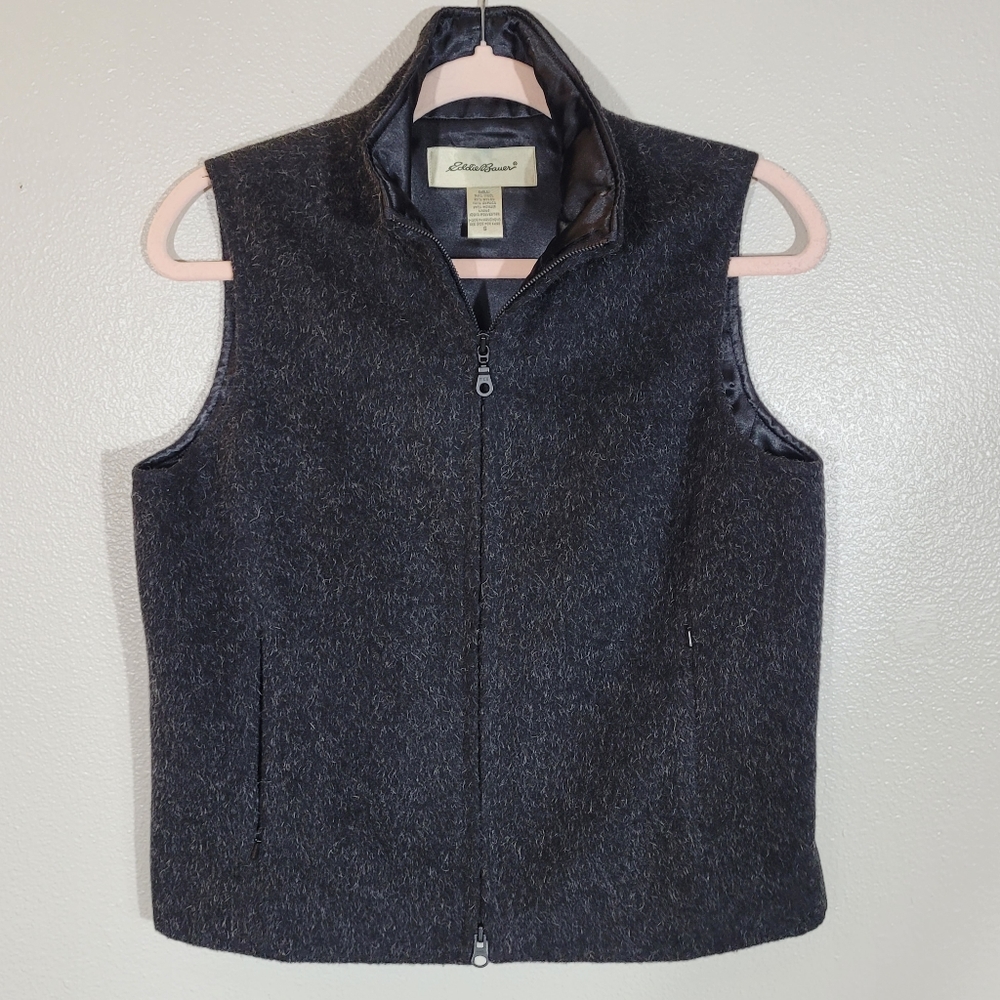 Eddie Bauer Wool Alpaca Mohair Vest Small - Vintage Black Gray Zip Pockets